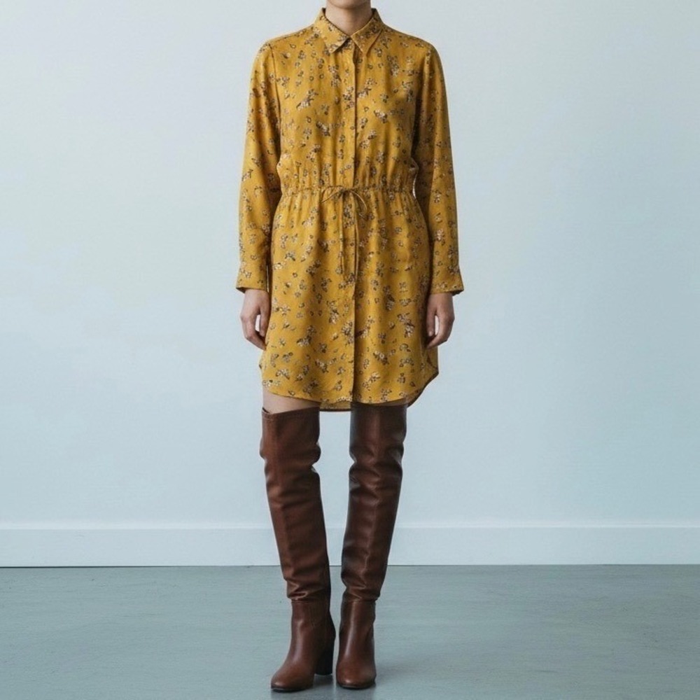 Ralph Lauren Long Sleeve Floral Shirt Dress Preppy Cottagecore Mustard size 6